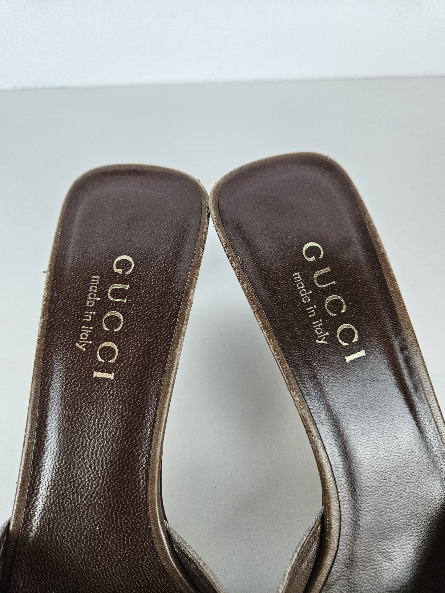Vintage Gucci monogram canvas high heel open toe mules