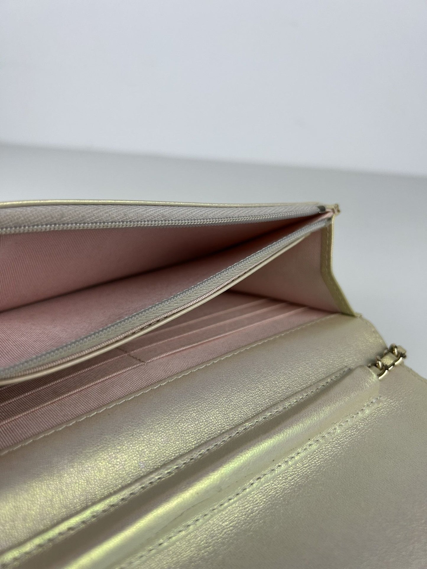 2020 Chanel gold metallic matelasse wallet on chain