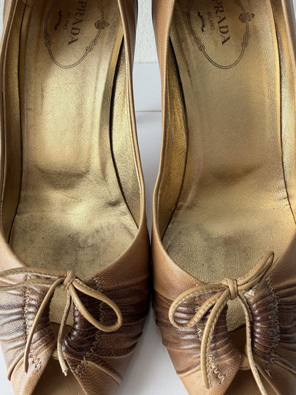 Prada pleated leather open toe pumps