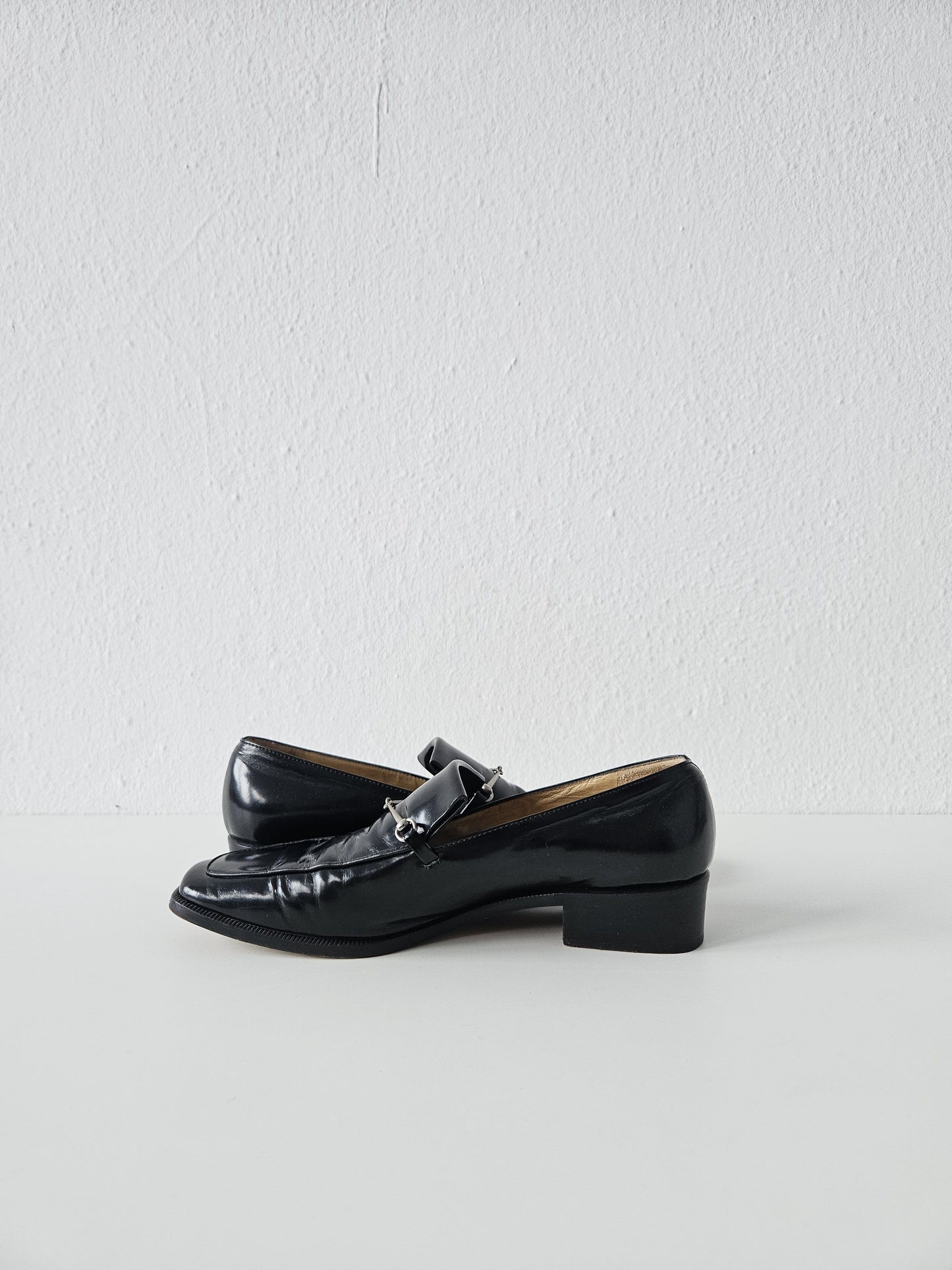 Vintage Gucci patent leather low block heel horsebit loafers