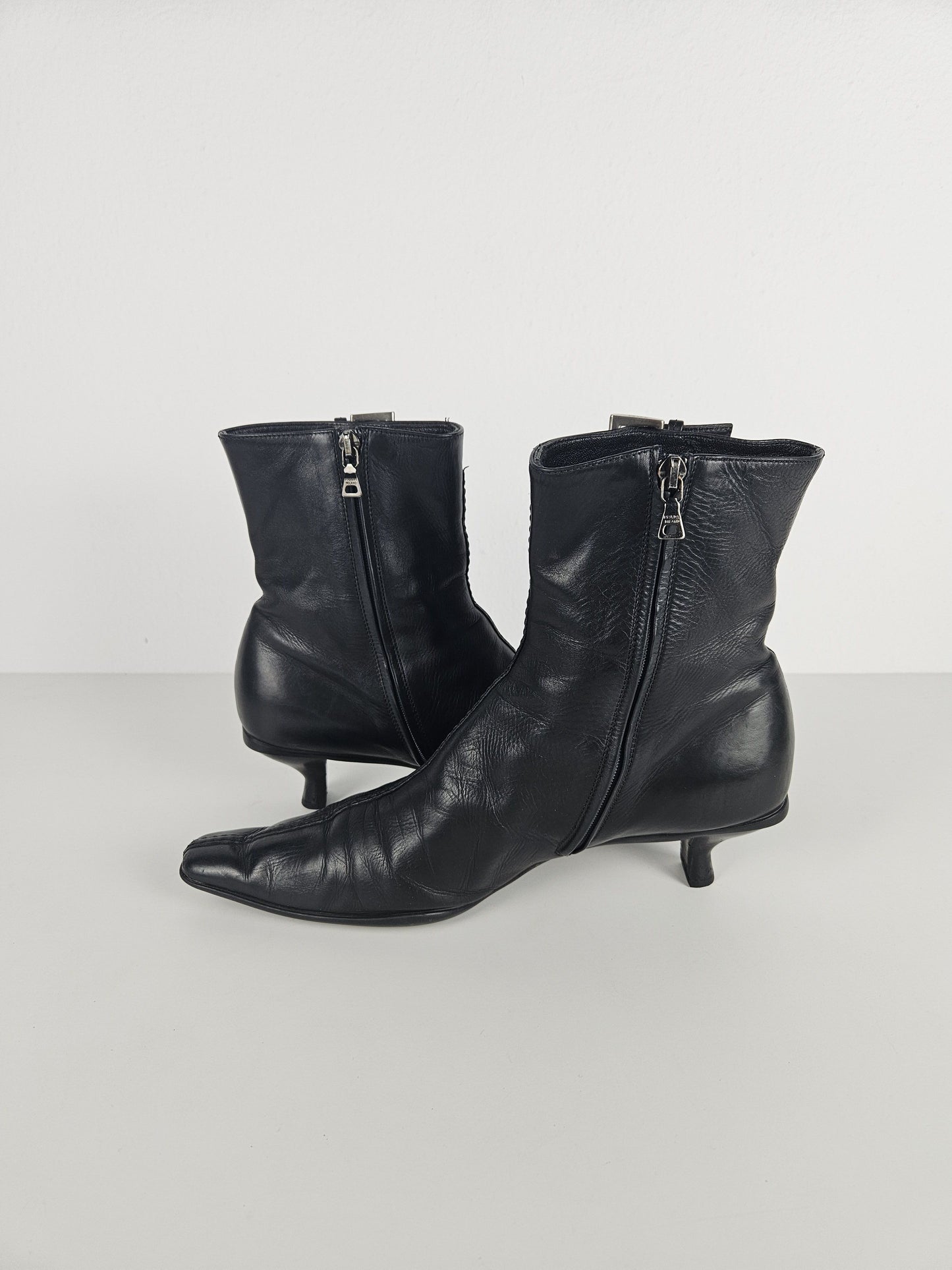 Archive Prada lamb leather kitten heel buckled ankle boots
