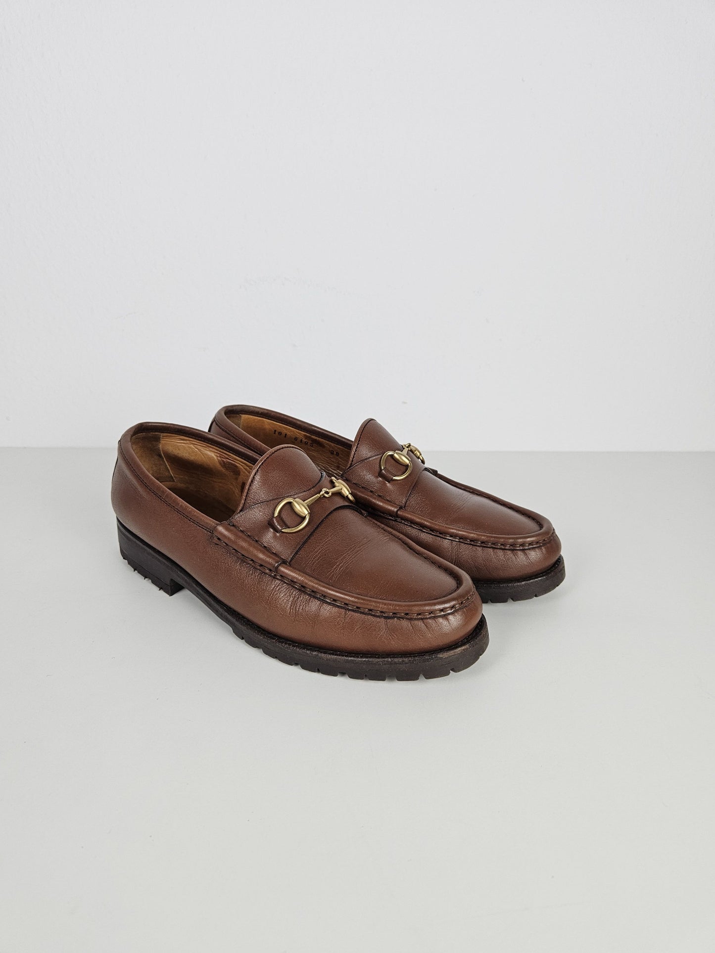 Vintage Gucci leather horsebit loafers with notched thick sole