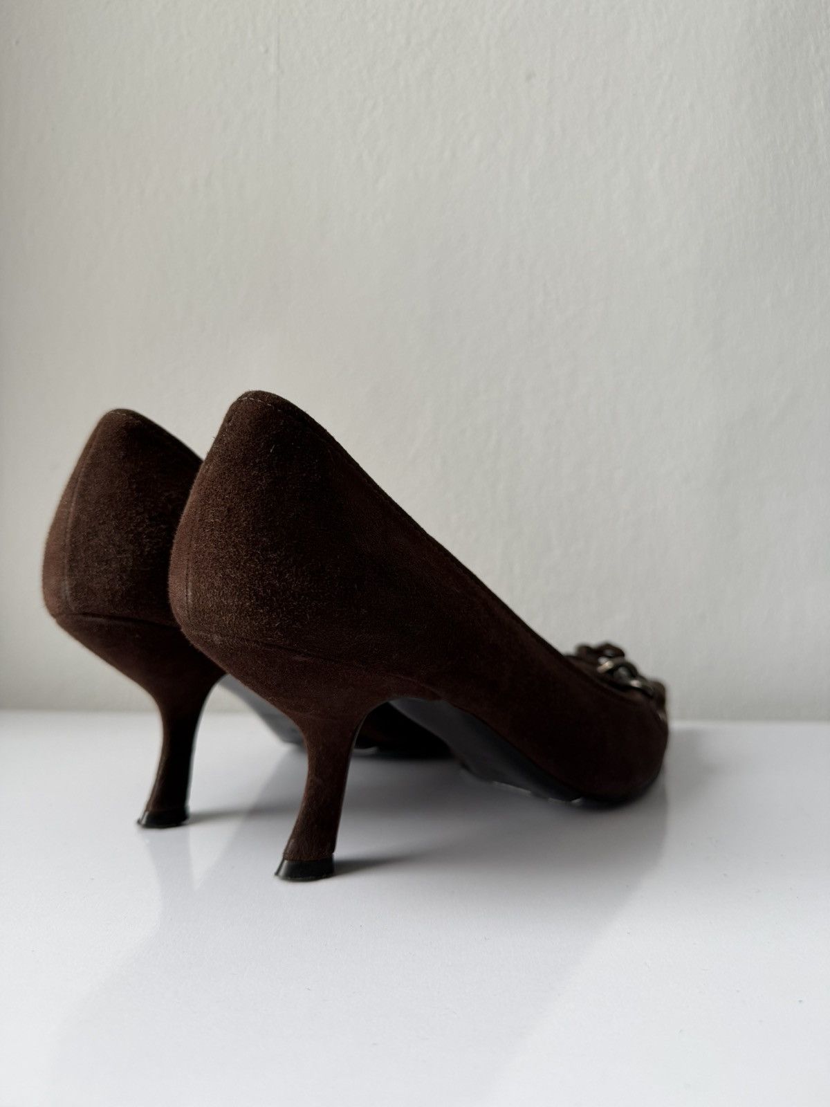 Vintage Prada suede pointed toe chain detail kitten heels