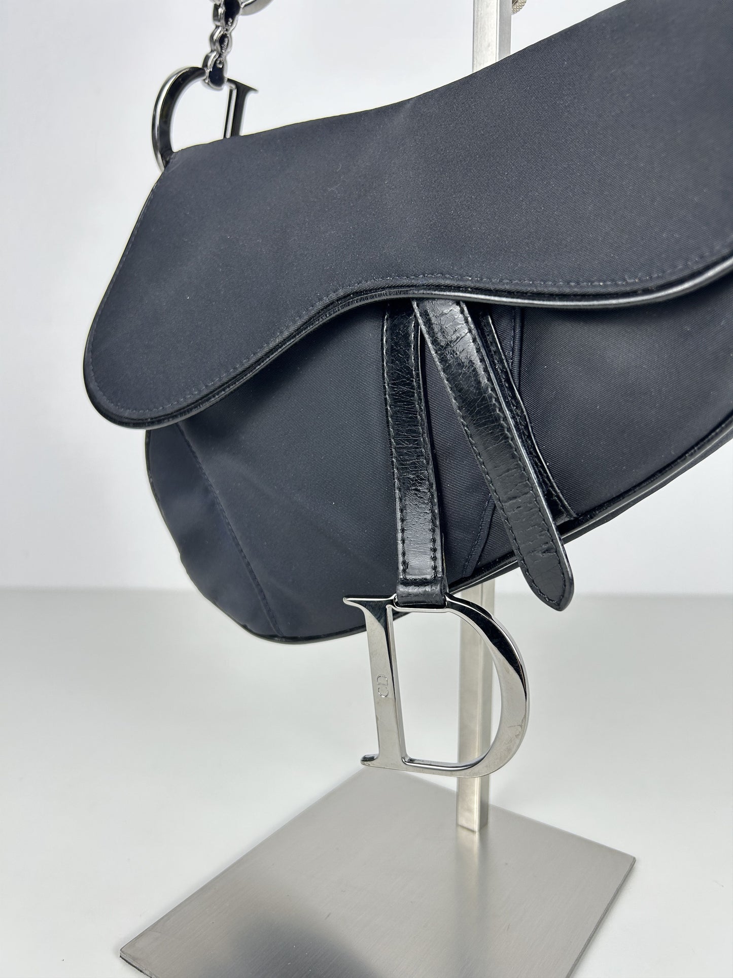 2001 Dior black satin and patent leather saddle bag