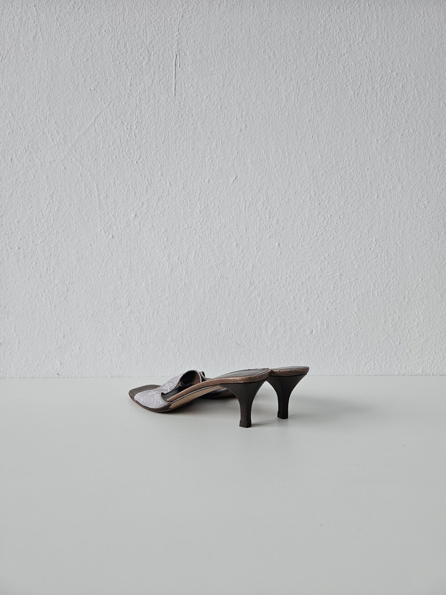 Vintage Gucci monogram canvas high heel open toe mules