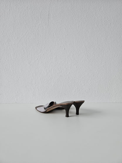 Vintage Gucci monogram canvas high heel open toe mules