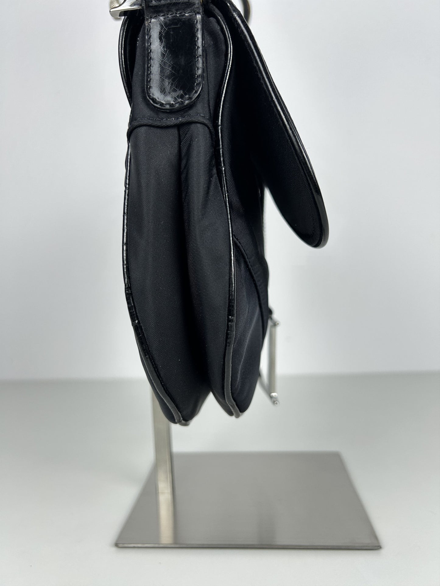 2001 Dior black satin and patent leather saddle bag