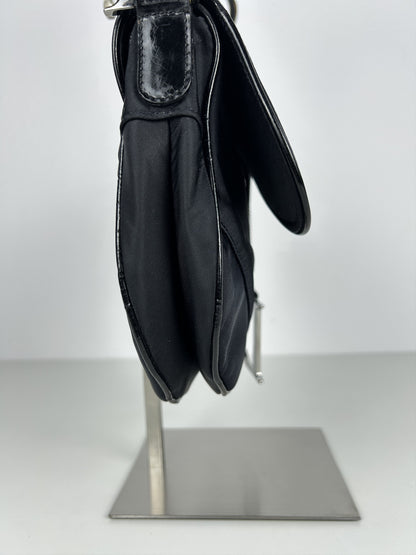 2001 Dior black satin and patent leather saddle bag