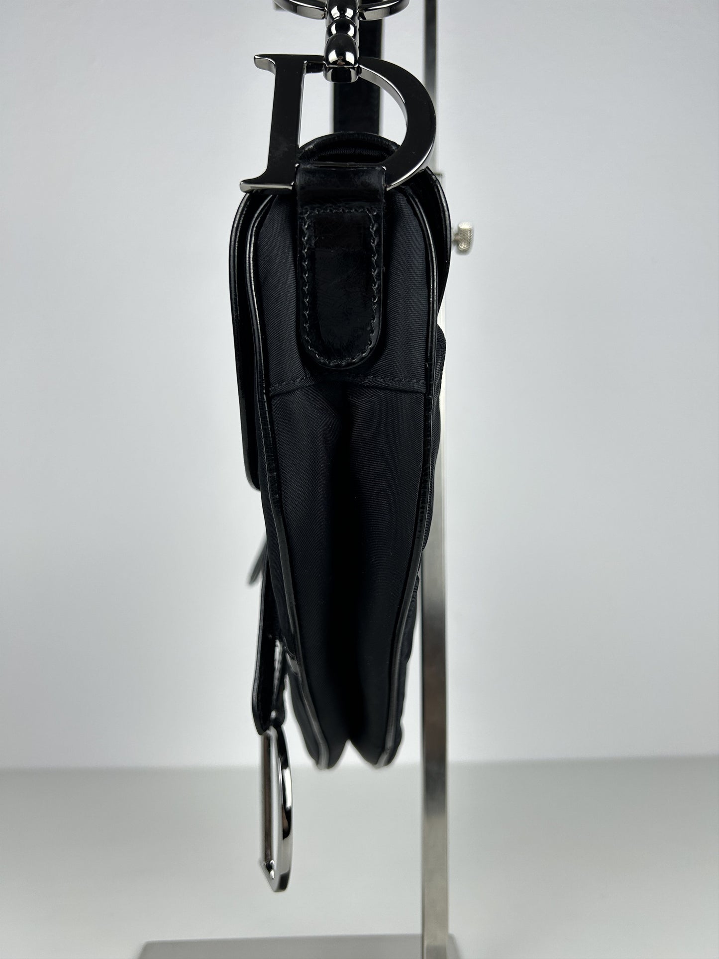 2001 Dior black satin and patent leather saddle bag