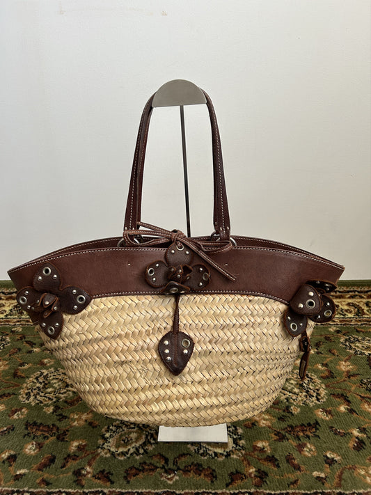 Vintage 90s archive miu miu raffia and leather tote bag