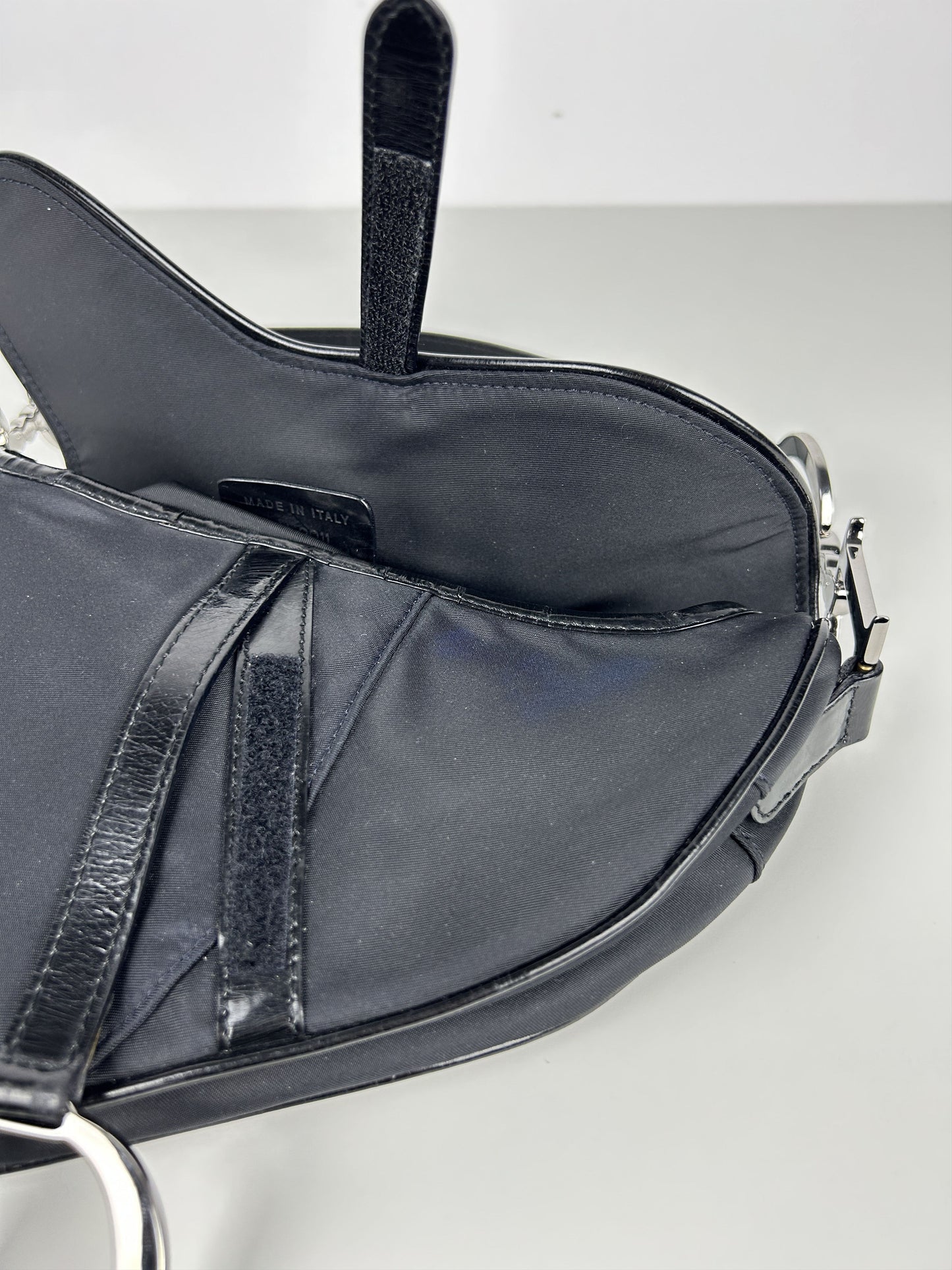 2001 Dior black satin and patent leather saddle bag