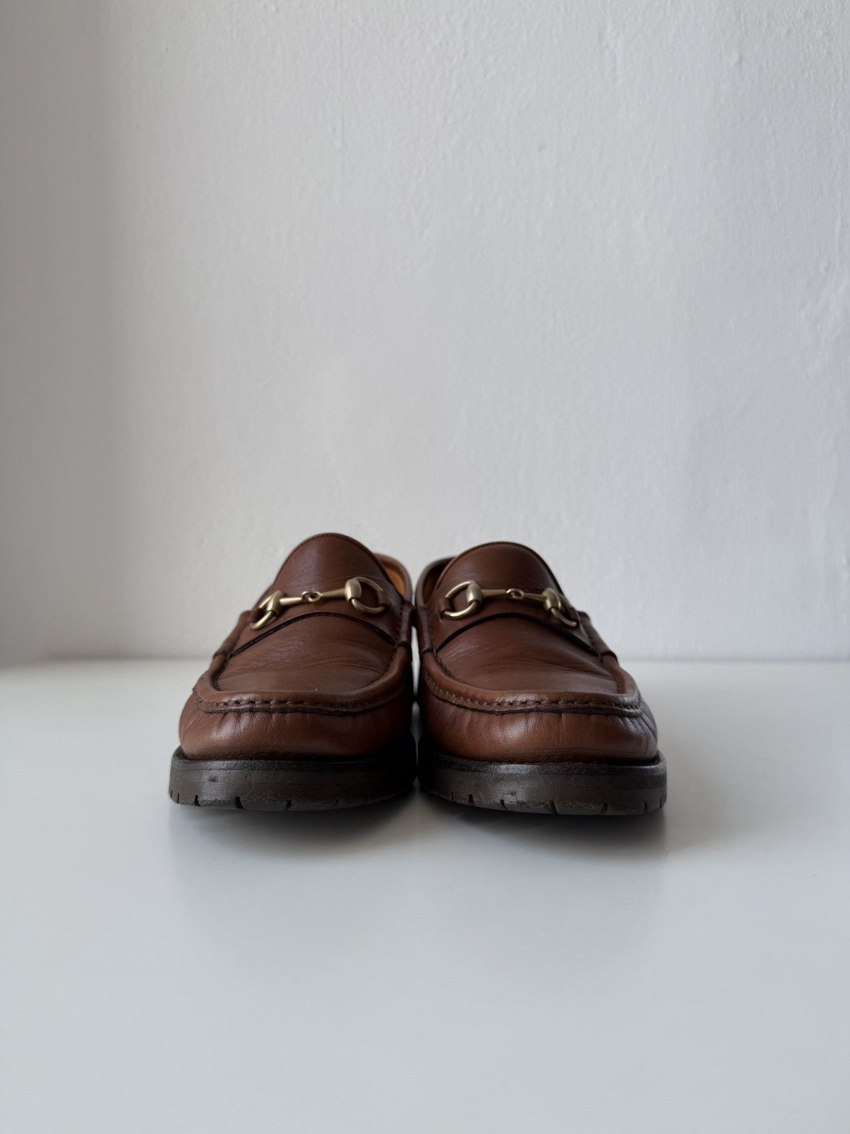 Gucci leather horsebit loafers on a thick notched sole