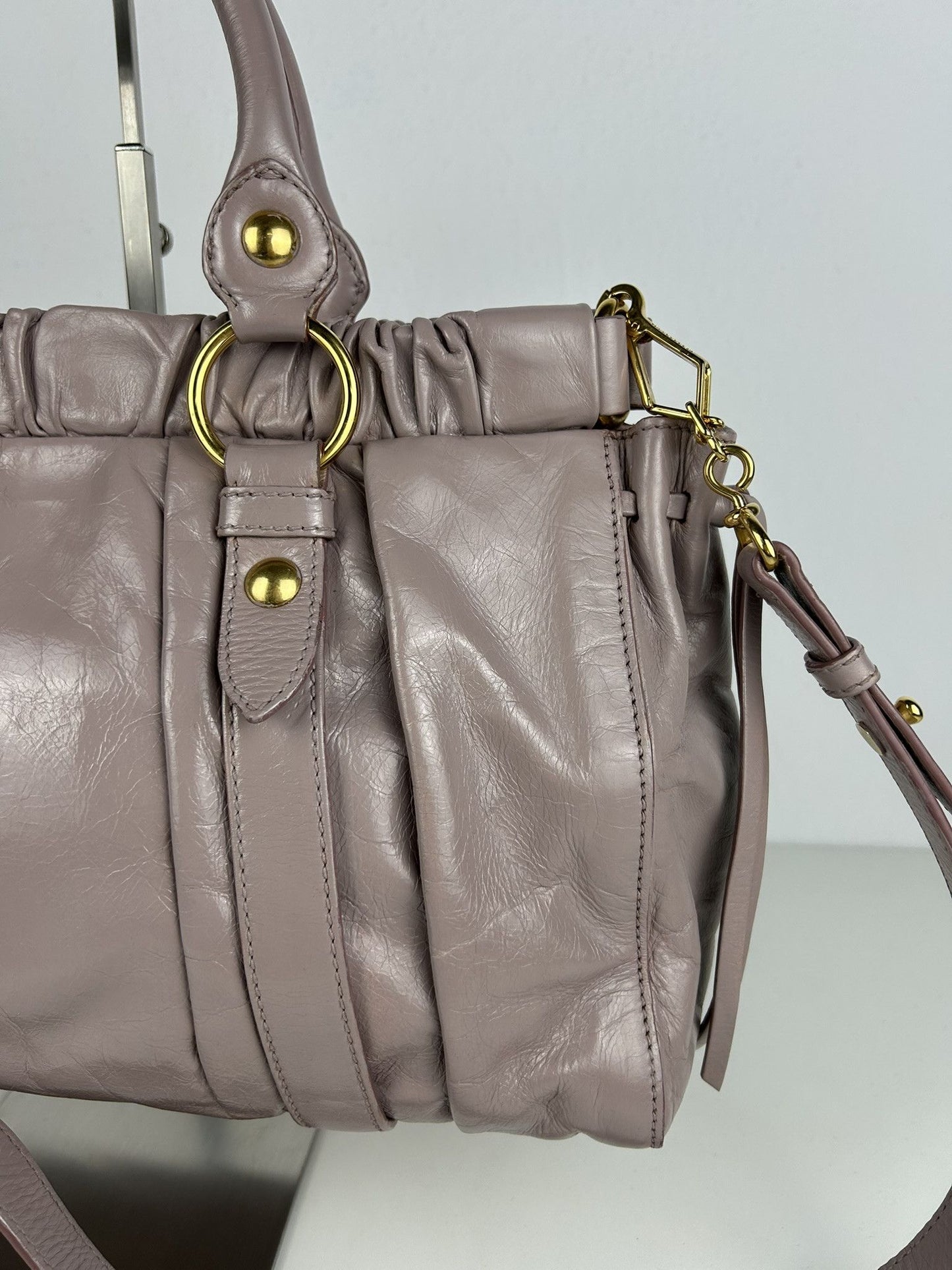 Miu miu vitello bauletto aperto gathered leather handbag