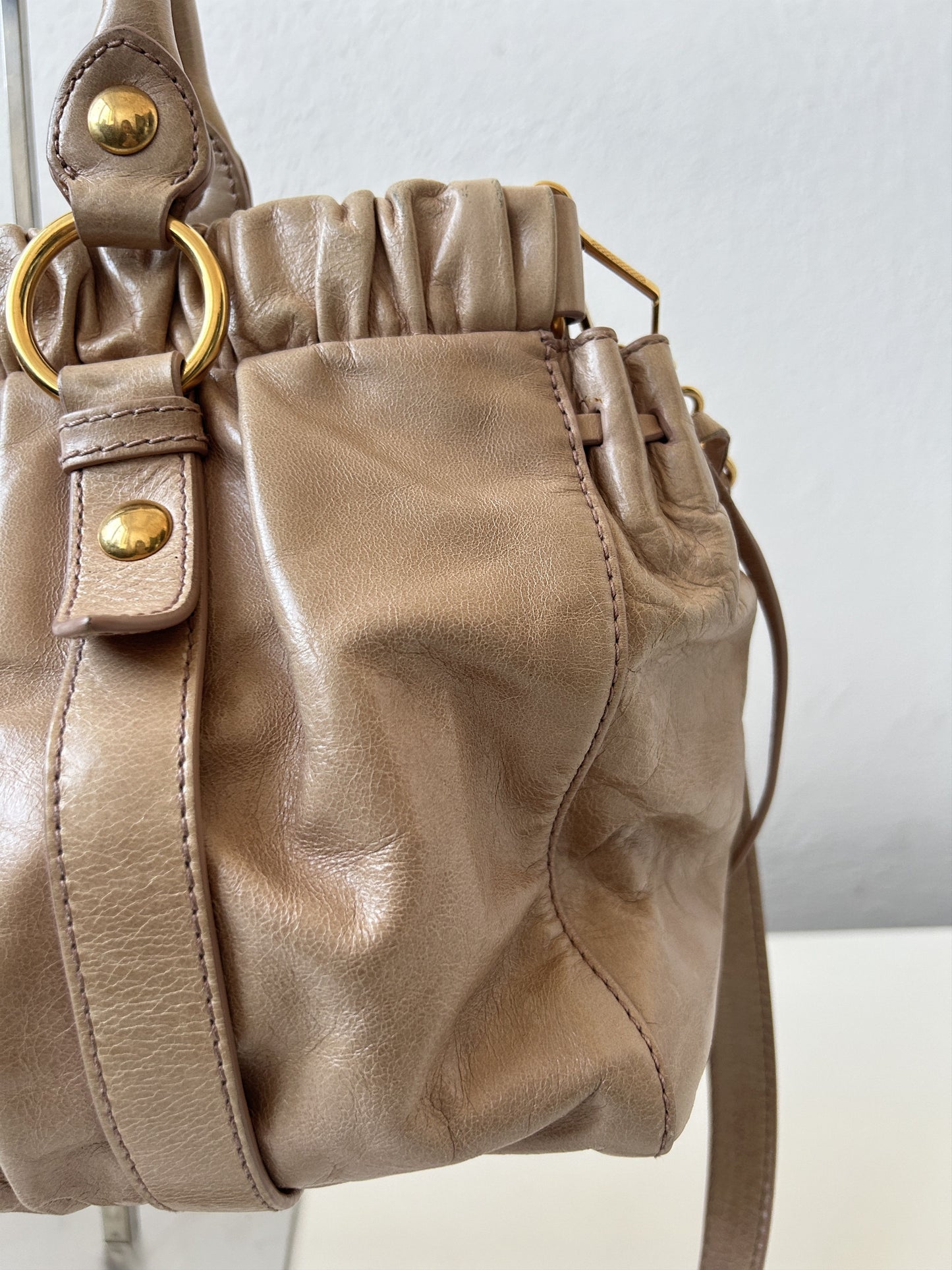 Miu miu vitello bauletto aperto gathered leather handbag