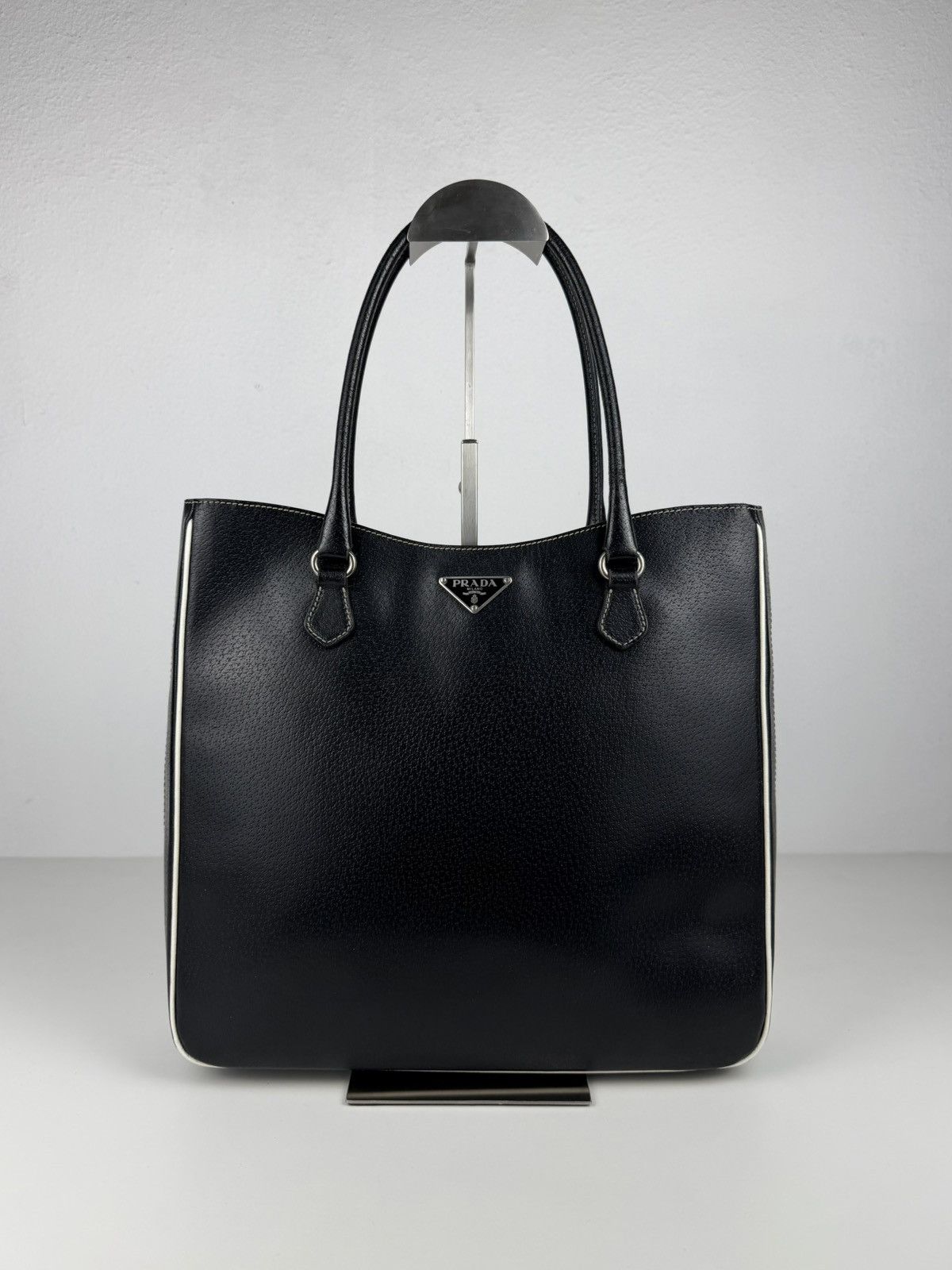 Vintage Prada leather triangle logo tote bag