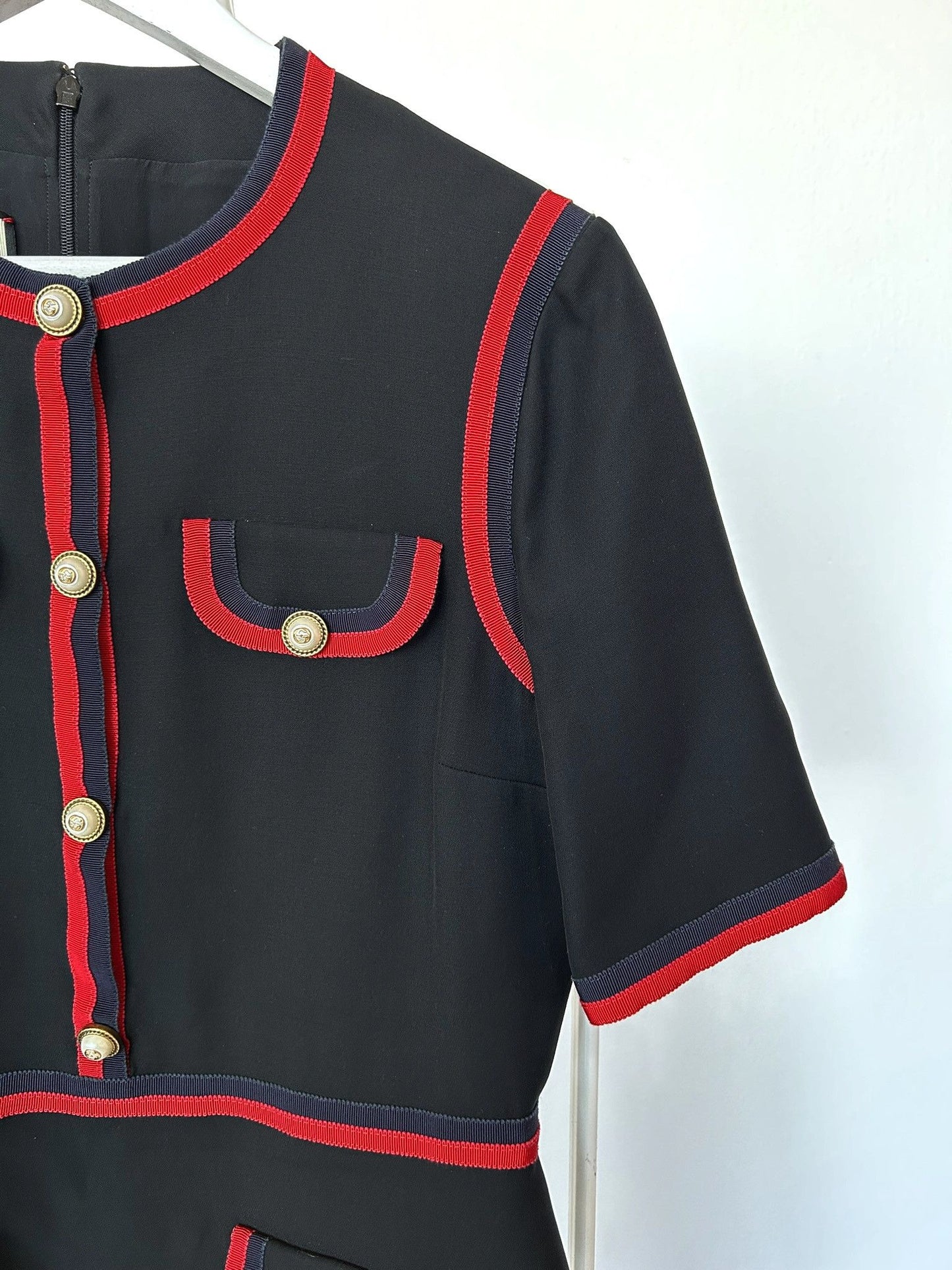 2017 Gucci ribbon trim short sleeve wool and silk mini dress
