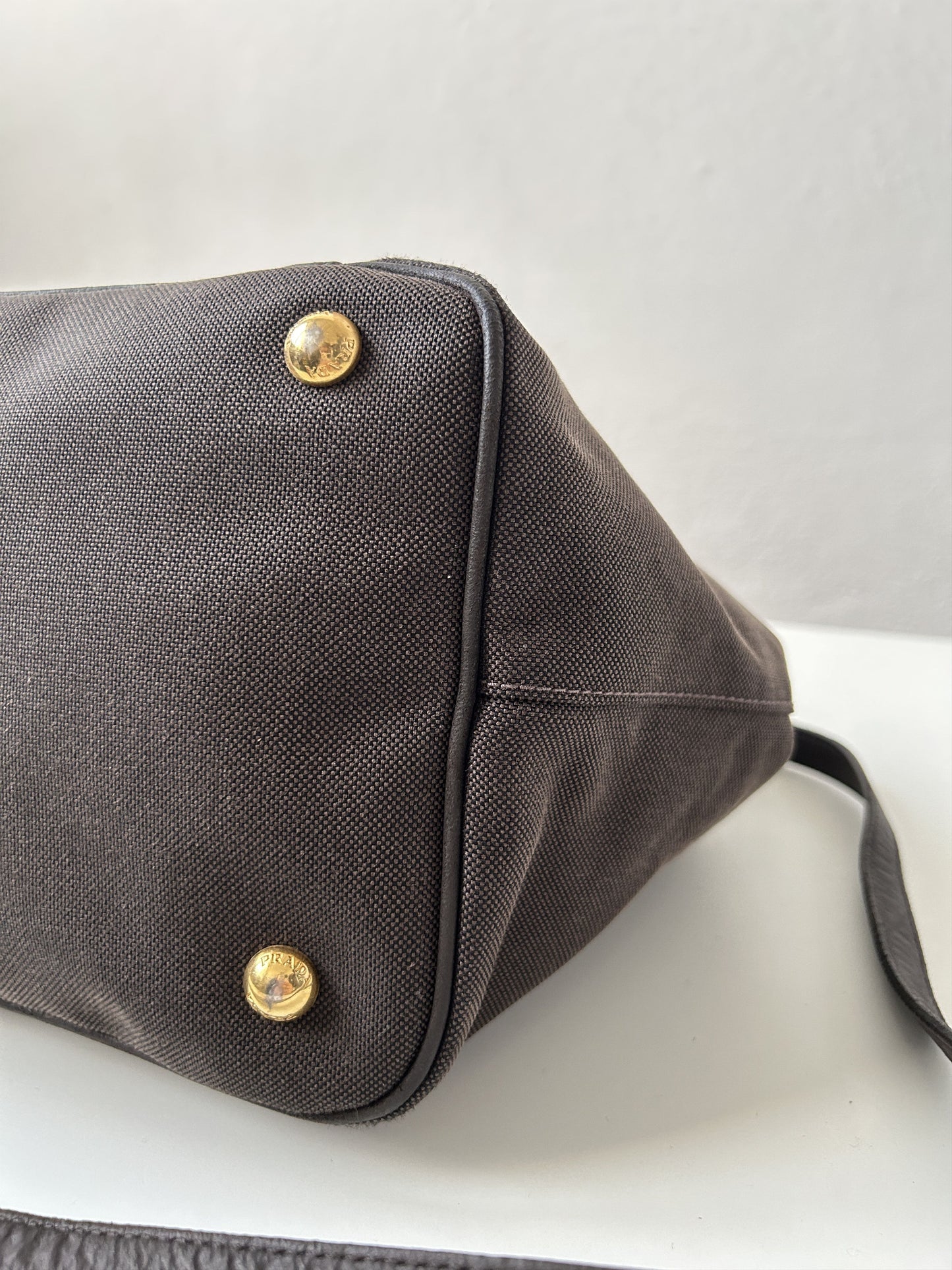 Prada canvas and leather triangle logo tote bag