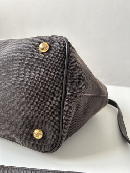 Prada canvas and leather triangle logo tote bag