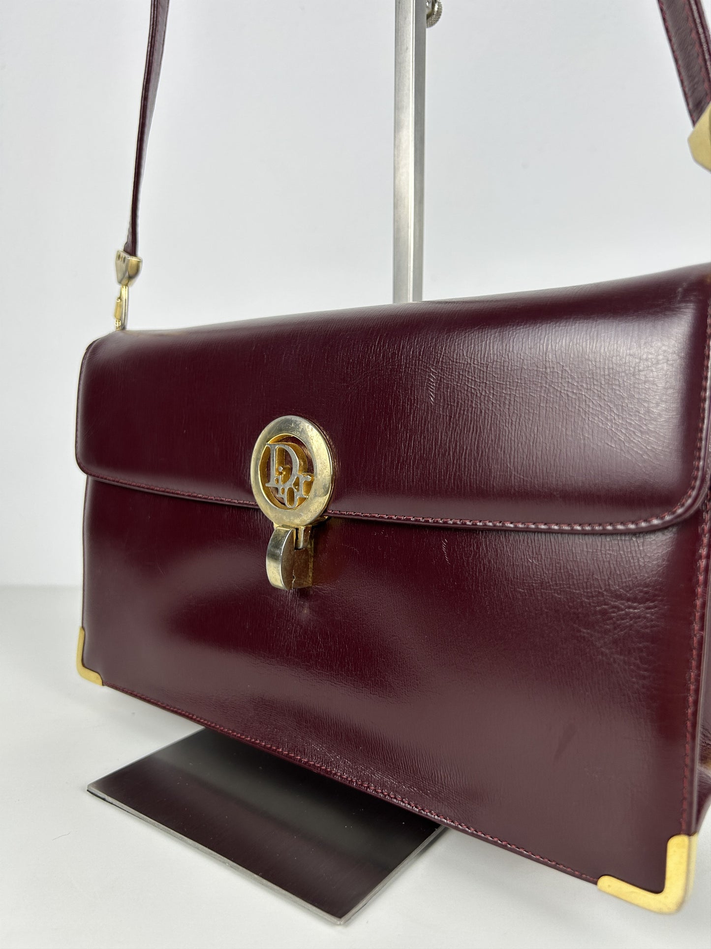 Vintage 80s Dior box calf leather burgundy handbag