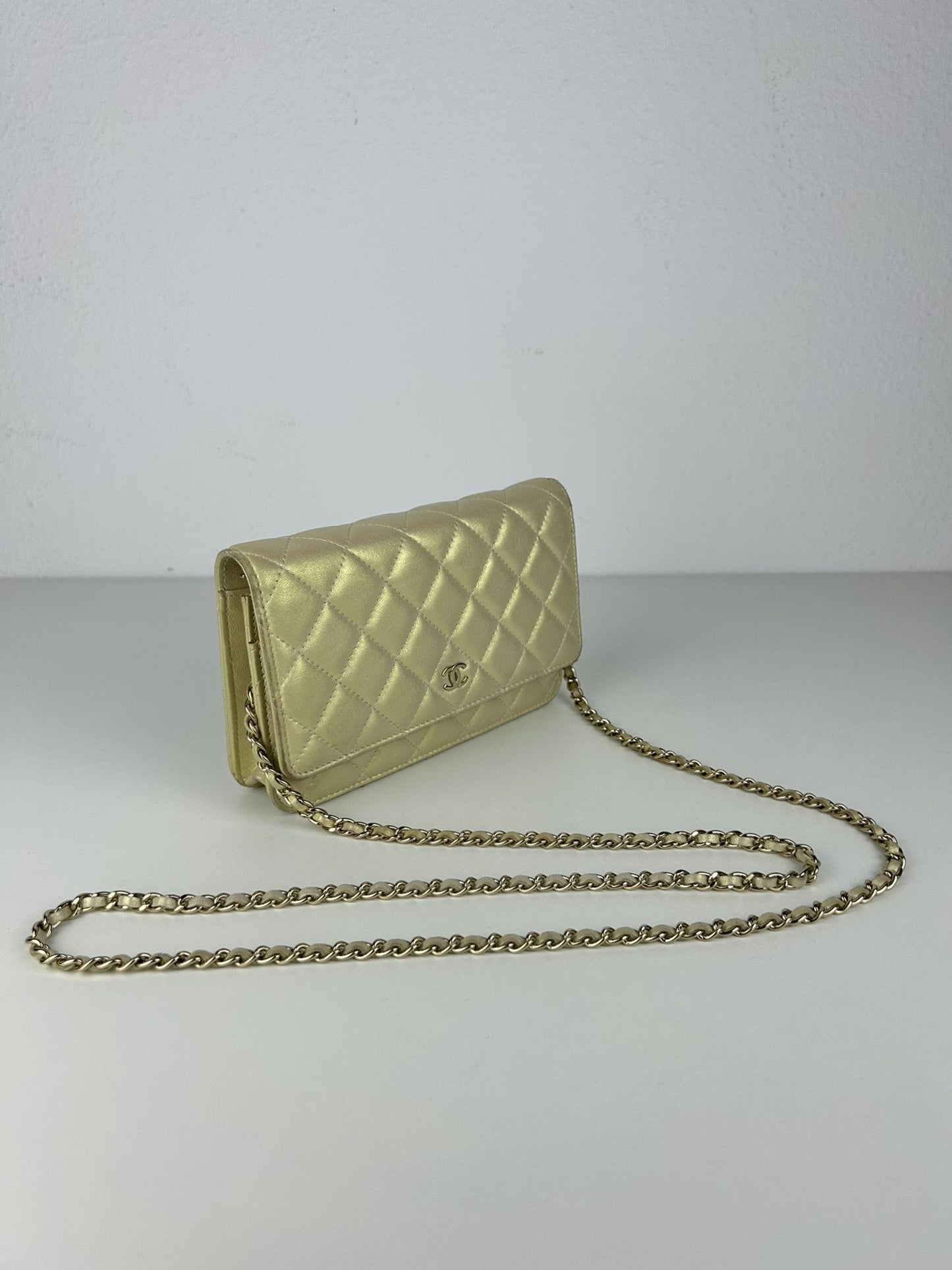 2020 Chanel gold metallic matelasse wallet on chain