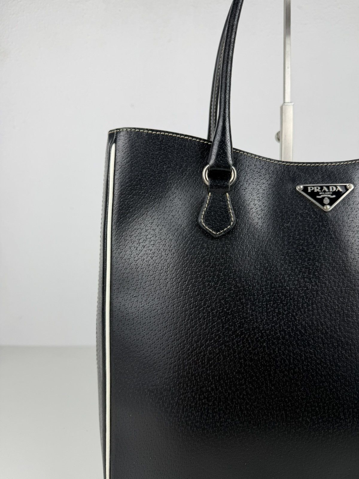 Vintage Prada leather triangle logo tote bag