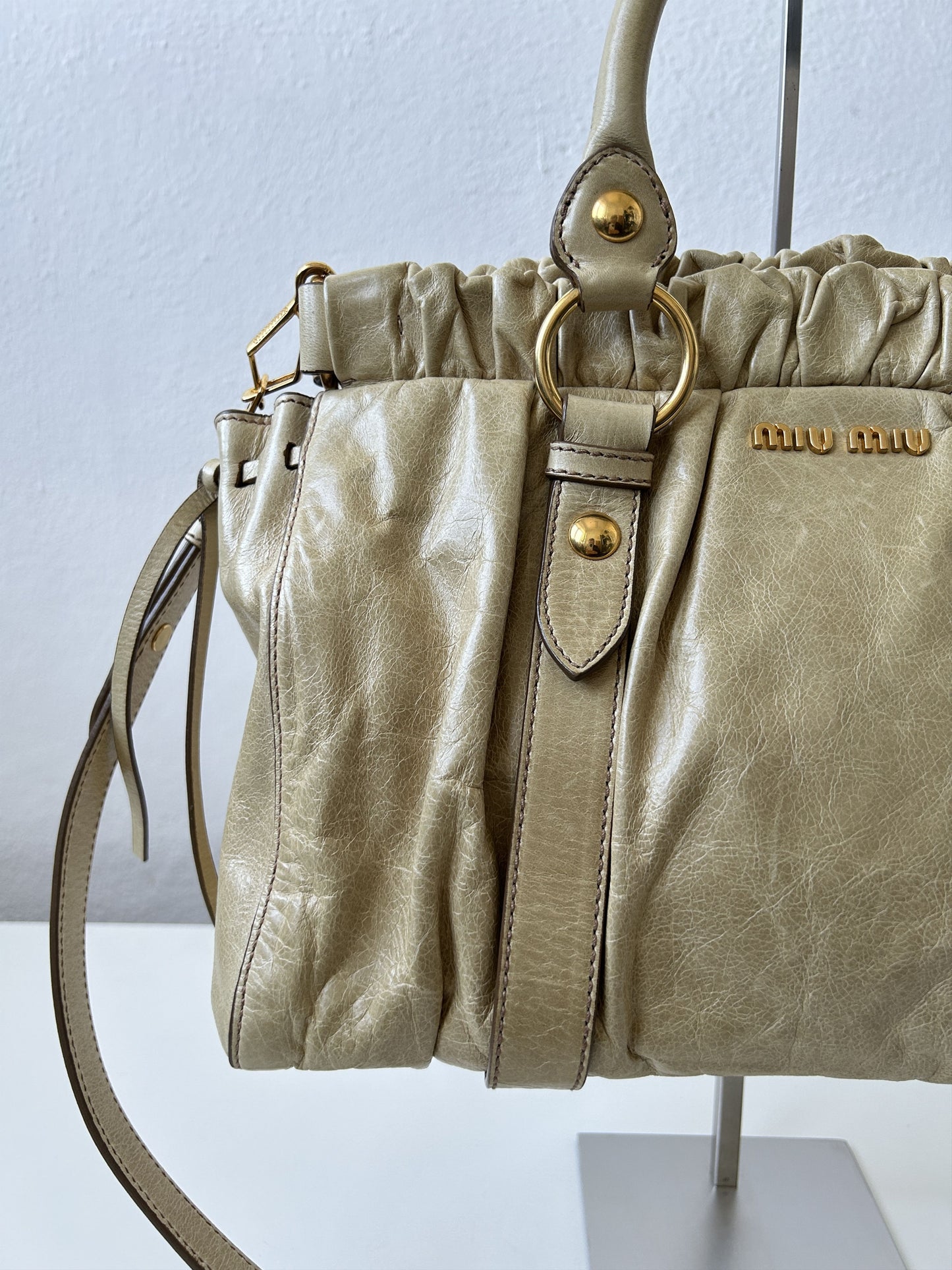 Miu miu vitello bauletto aperto gathered leather handbag