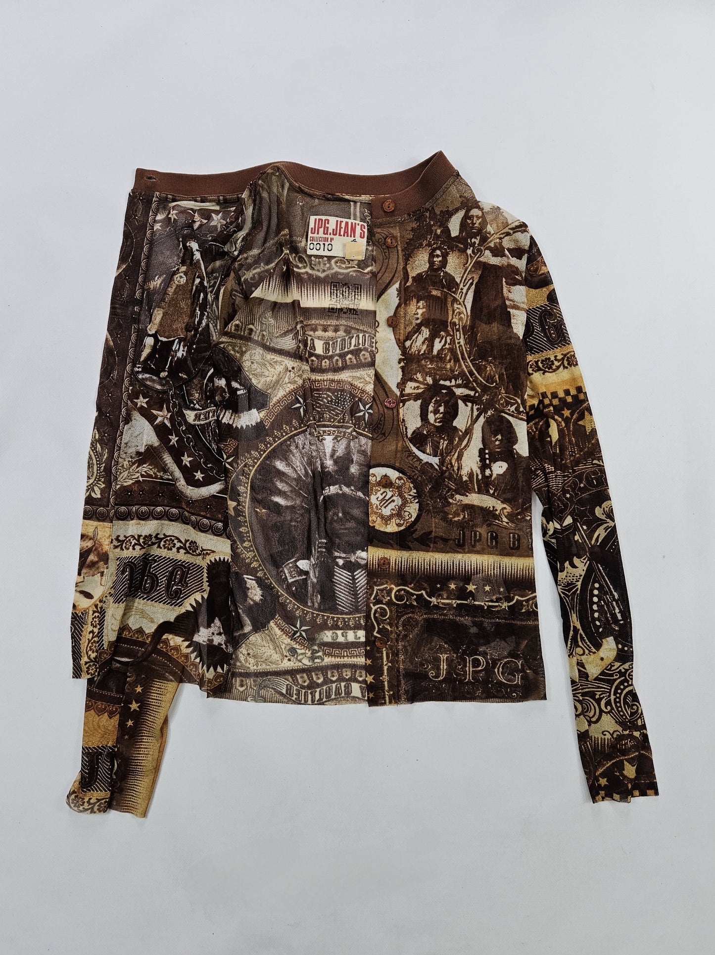 Jean Paul Gaultier jeans native american all over print button up mesh top