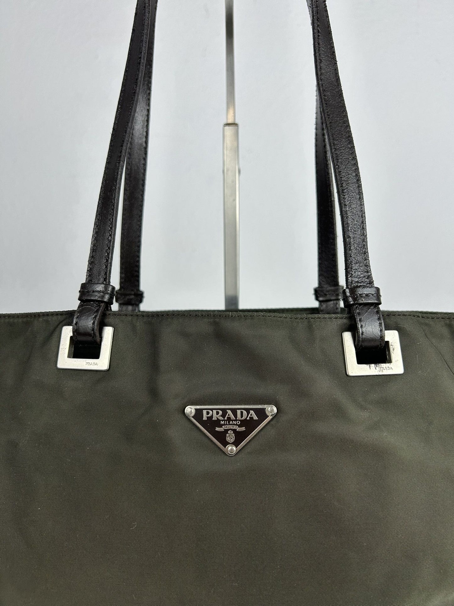 Vintage y2k prada nylon and leather triangle logo tote bag