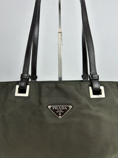 Vintage y2k prada nylon and leather triangle logo tote bag