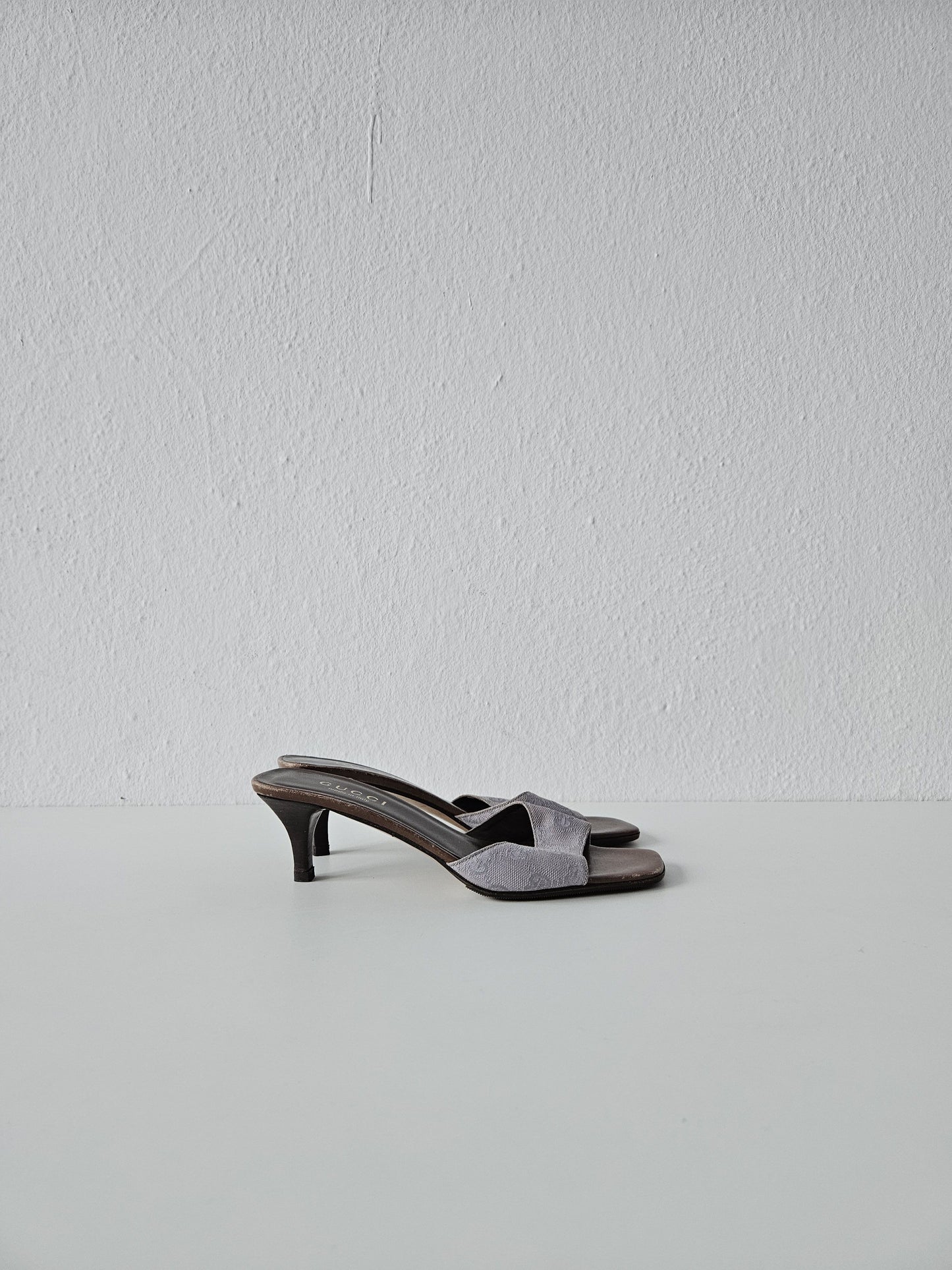 Vintage Gucci monogram canvas high heel open toe mules