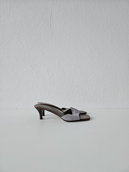 Vintage Gucci monogram canvas high heel open toe mules