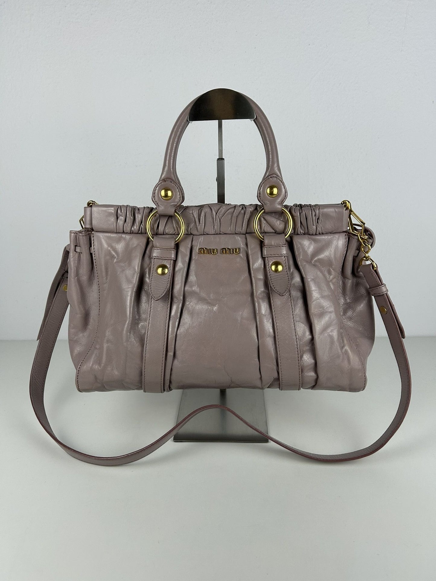 Miu miu vitello bauletto aperto gathered leather handbag