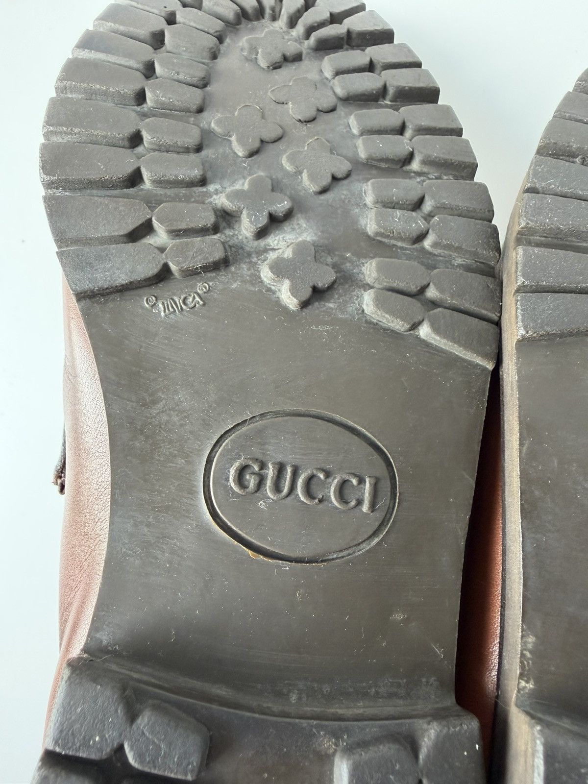 Gucci leather horsebit loafers on a thick notched sole