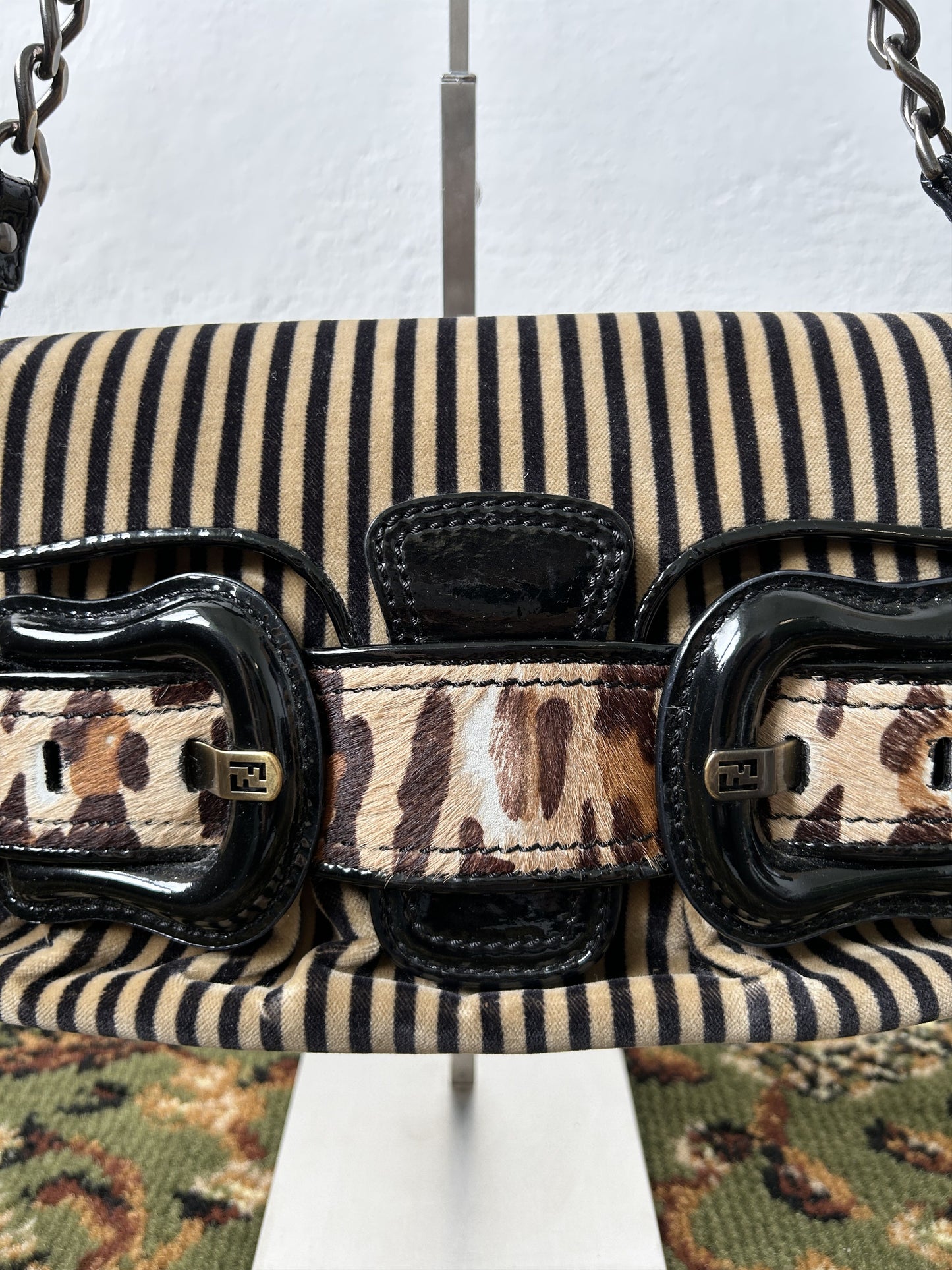 Y2k Fendi buckle striped velvet and ponyhair handbag