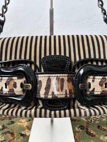 Y2k Fendi buckle striped velvet and ponyhair handbag