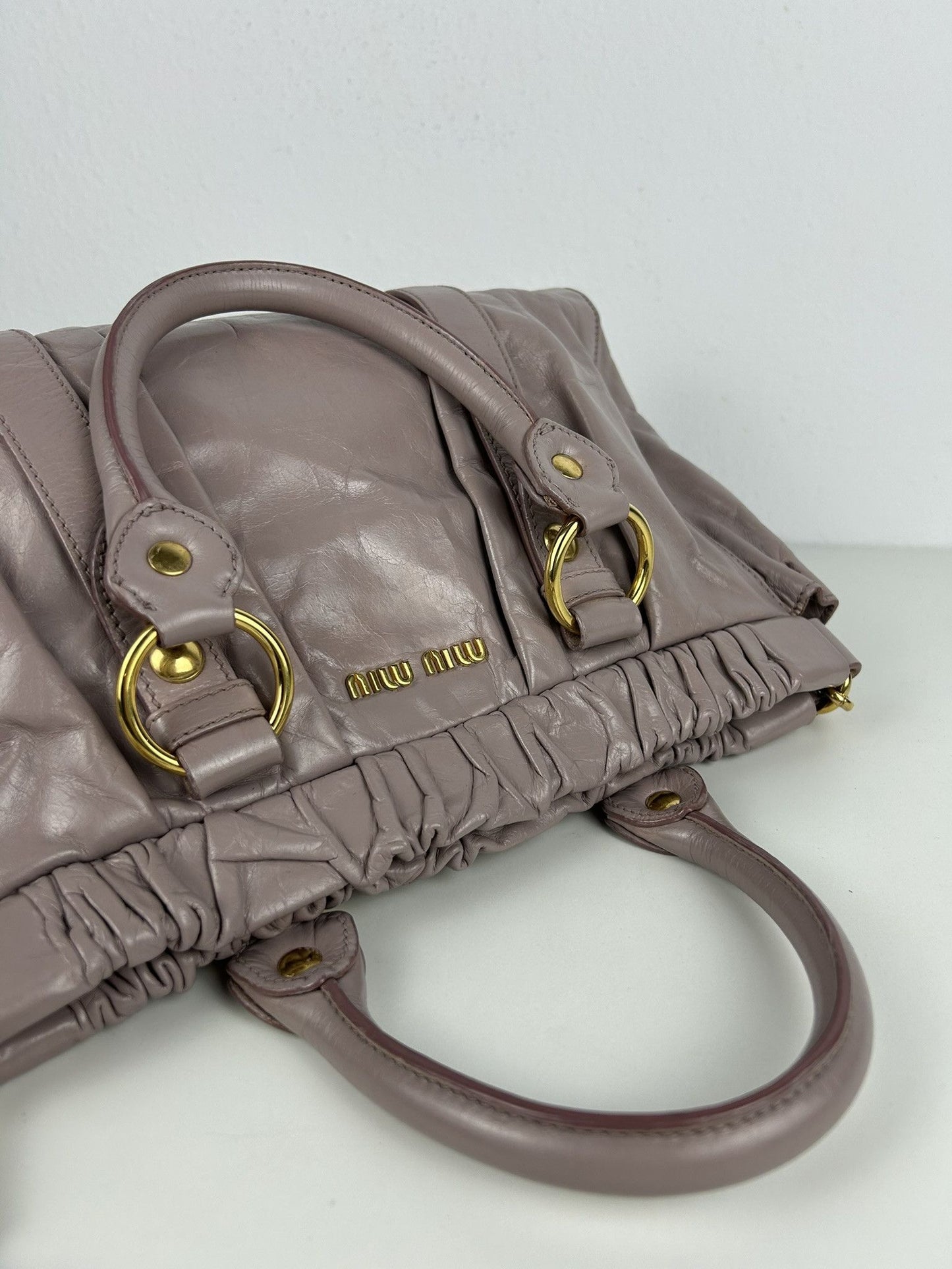 Miu miu vitello bauletto aperto gathered leather handbag