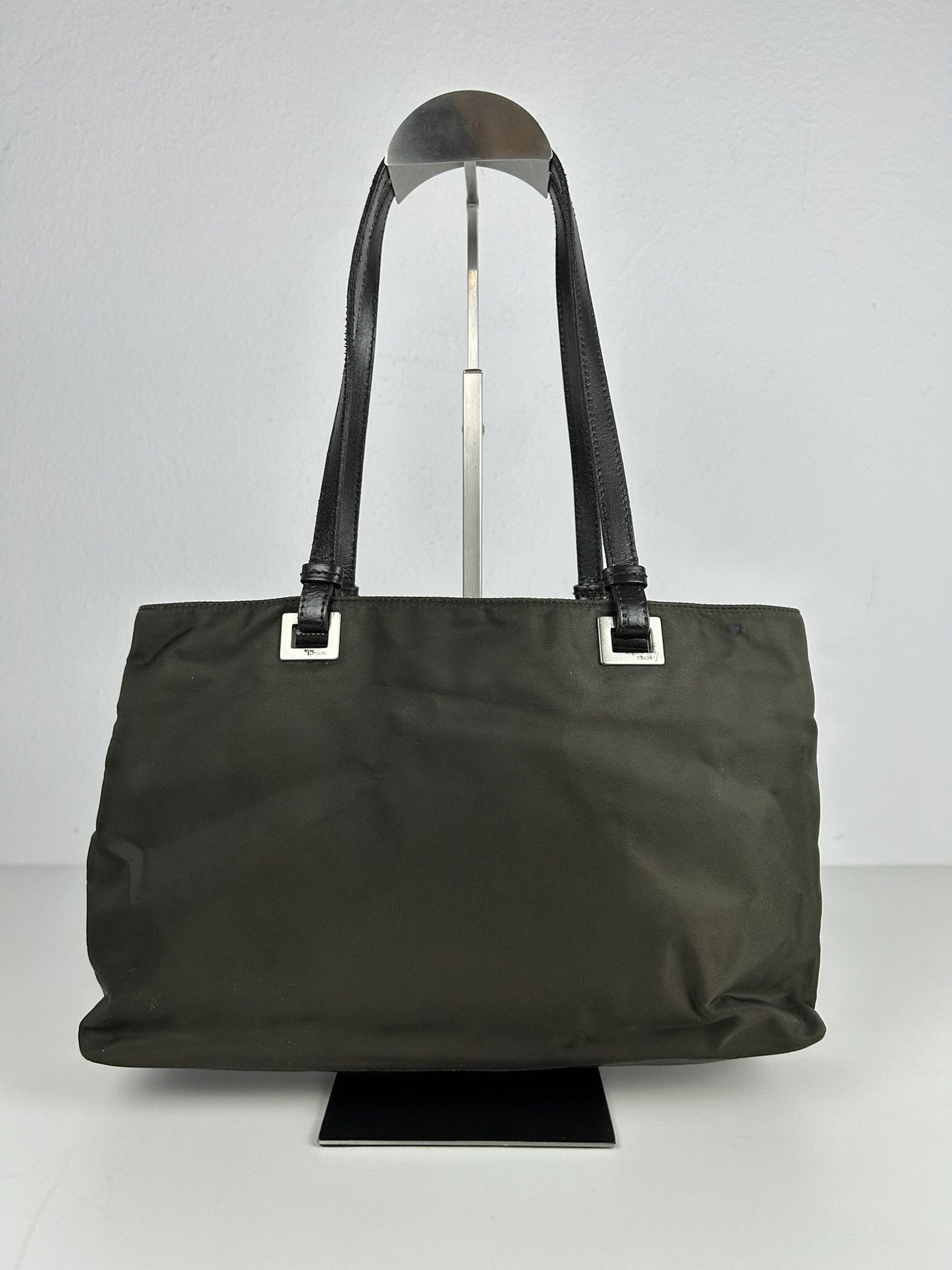 Vintage y2k prada nylon and leather triangle logo tote bag