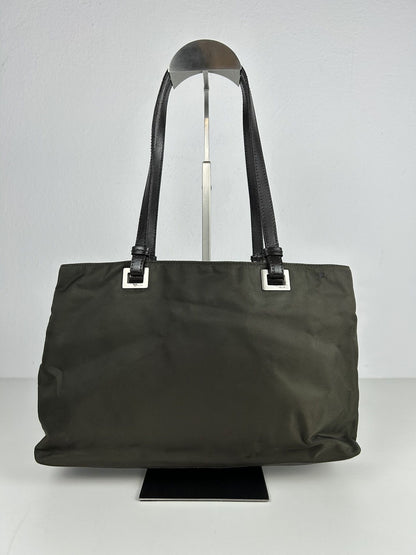 Vintage y2k prada nylon and leather triangle logo tote bag