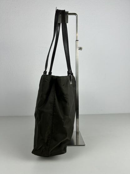 Vintage y2k prada nylon and leather triangle logo tote bag