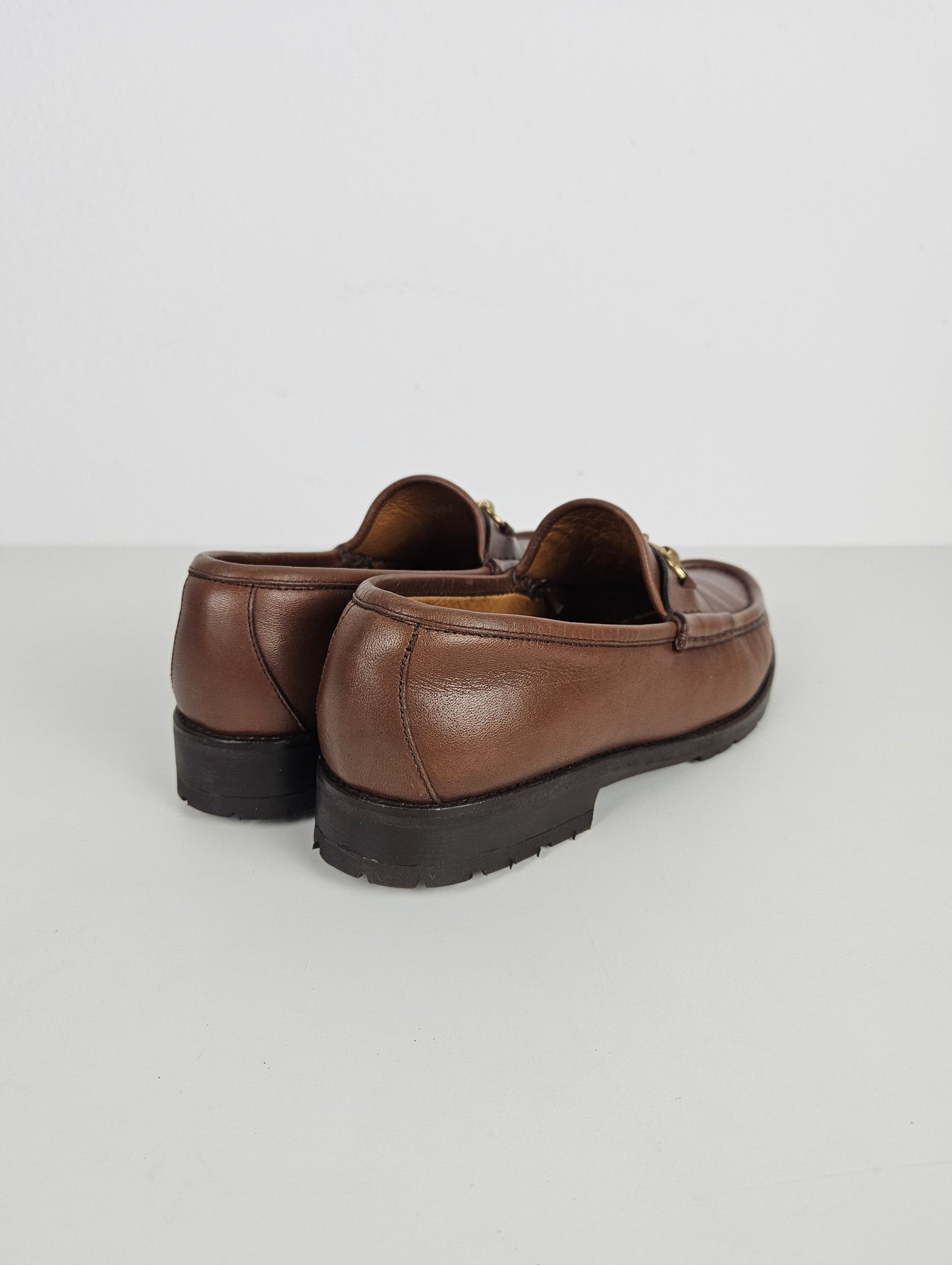 Vintage Gucci leather horsebit loafers with notched thick sole
