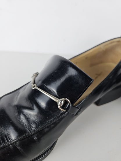 Vintage Gucci patent leather low block heel horsebit loafers