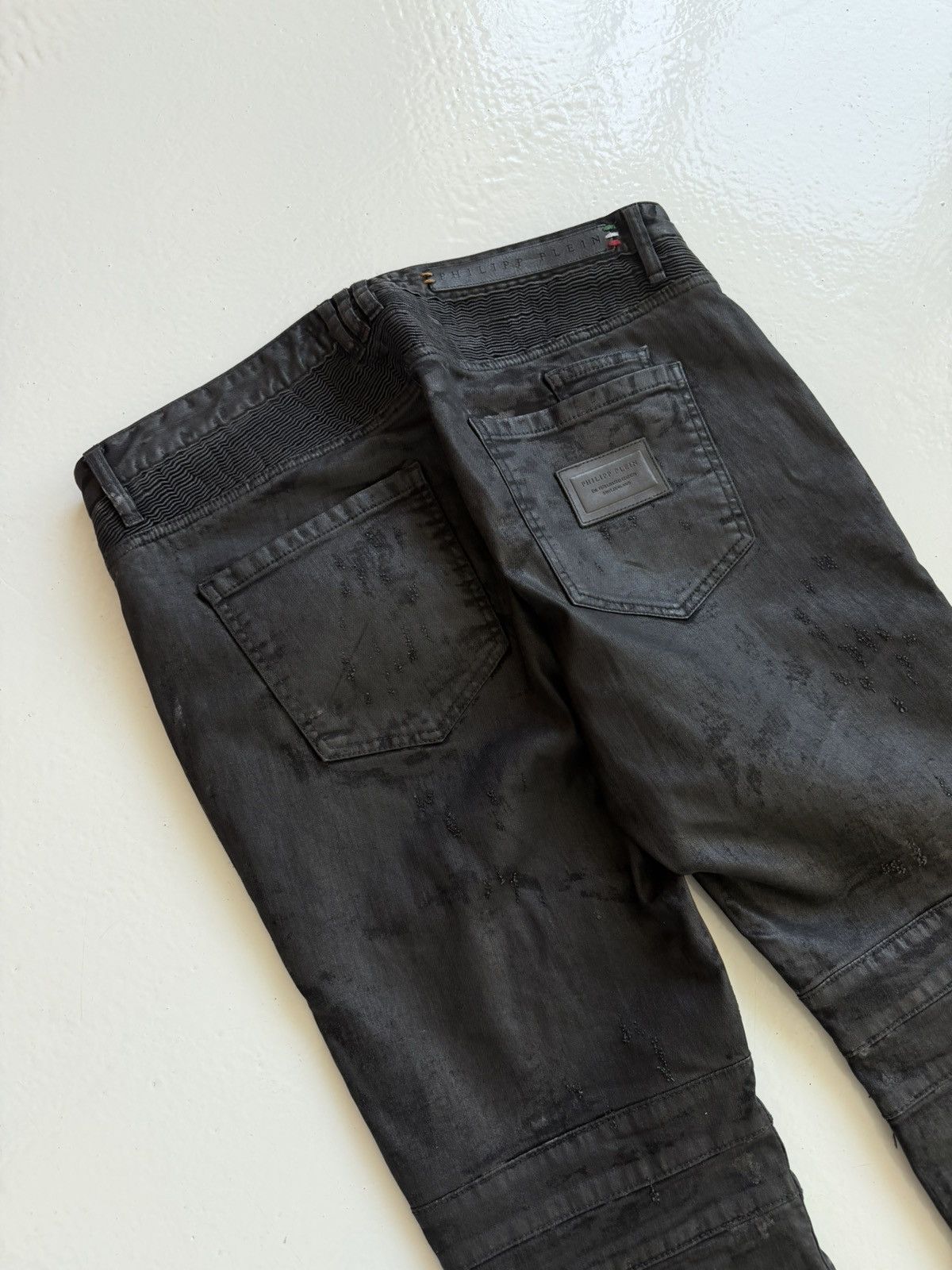 Philipp Plein born&raised distressed waxed biker denim