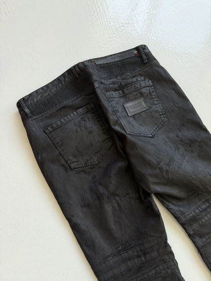 Philipp Plein born&raised distressed waxed biker denim