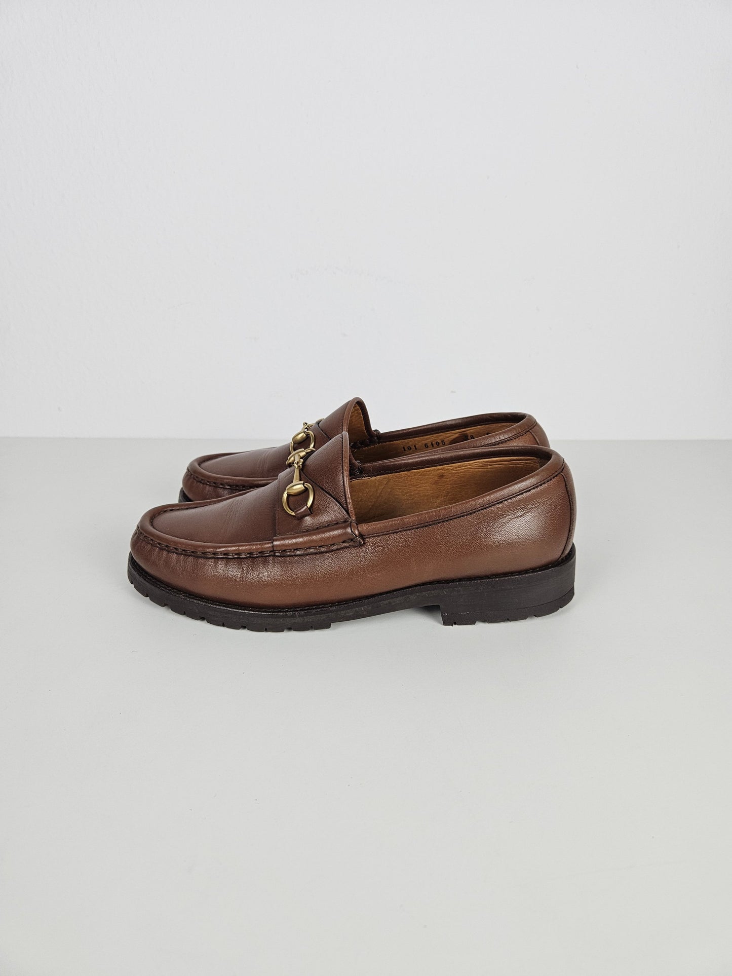 Vintage Gucci leather horsebit loafers with notched thick sole