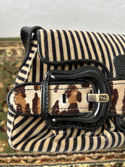 Y2k Fendi buckle striped velvet and ponyhair handbag