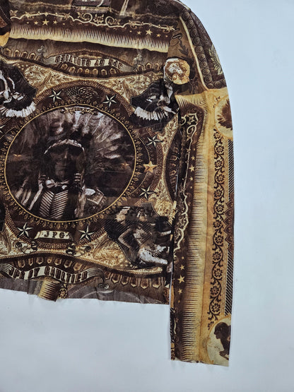 Jean Paul Gaultier jeans native american all over print button up mesh top