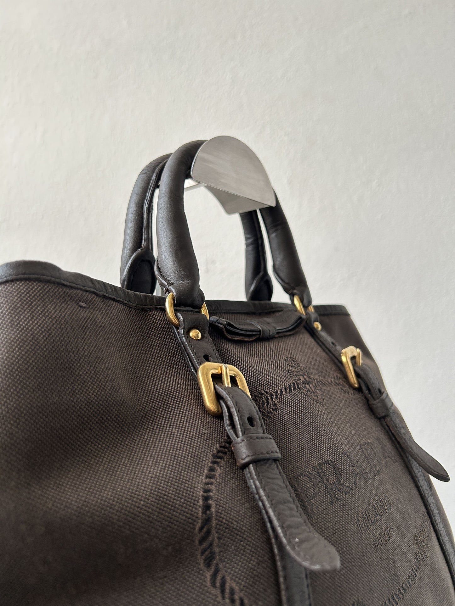 Prada canvas and leather triangle logo tote bag