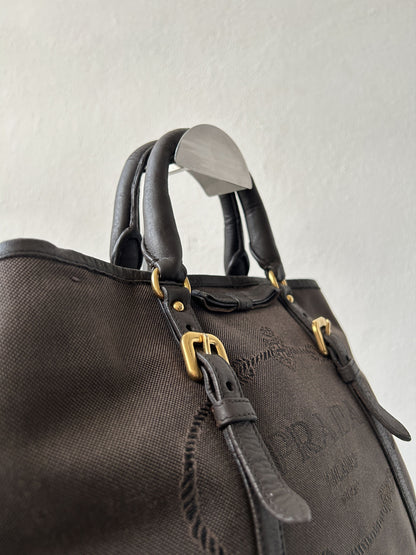 Prada canvas and leather triangle logo tote bag