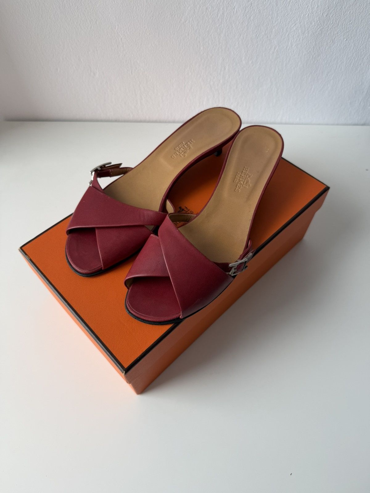 Hermes Kiton open toe kitten heel mules