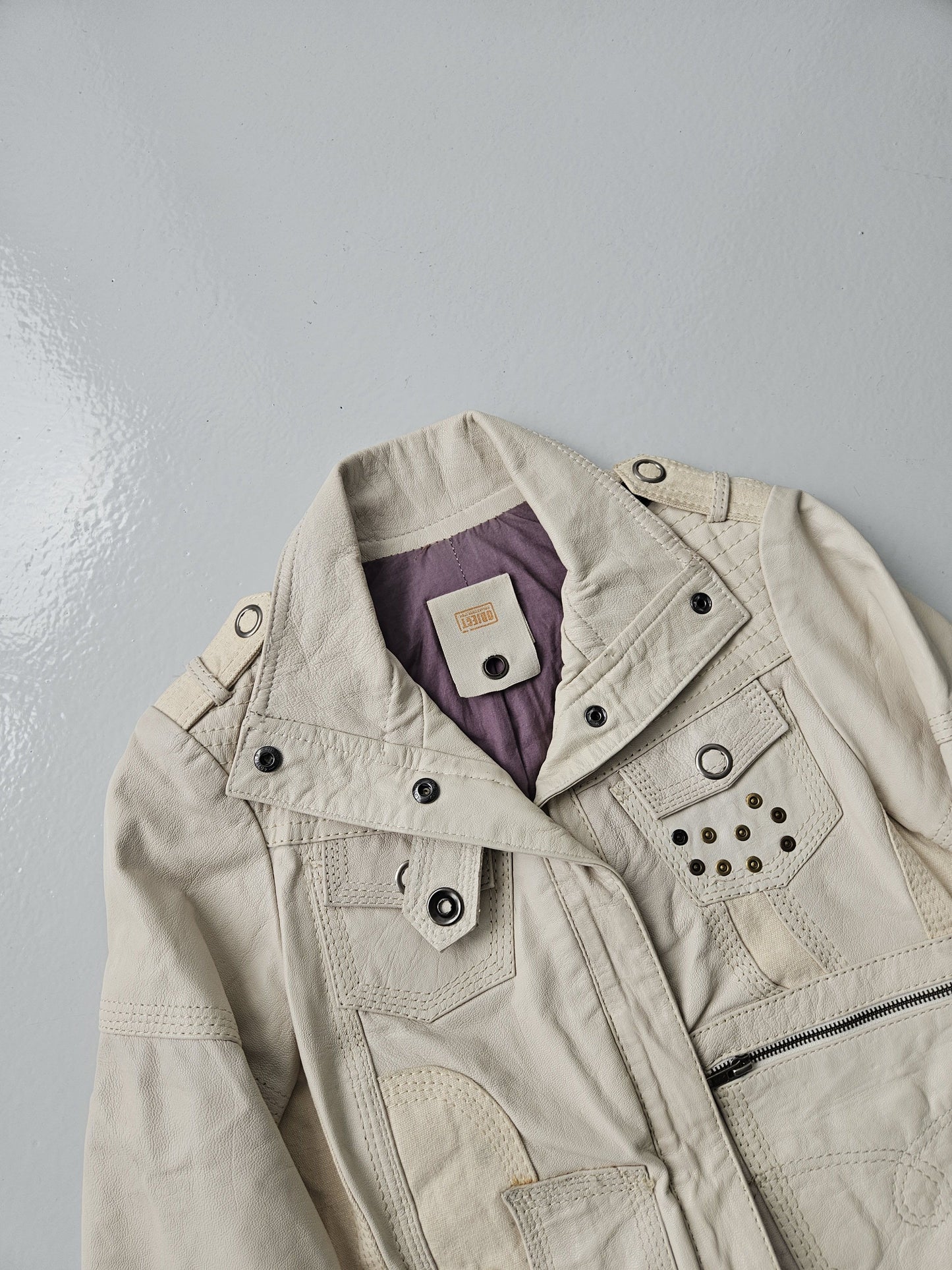Archive y2k multipocket high collar leather jacket